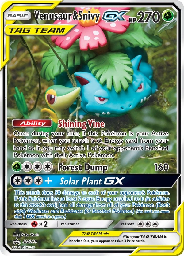 Venusaur & Snivy GX #SM229, English SM Black Star Promos promo, reference image