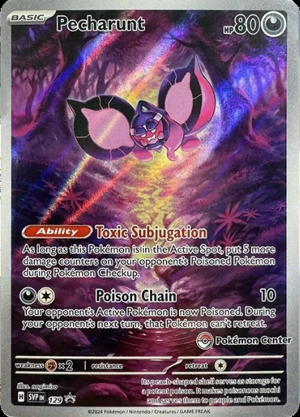 Pecharunt #129, English Pokemon Center stamped promo reference image