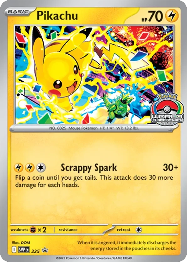 Pikachu #225, English 2025 World Championships winner stamped promo reference image